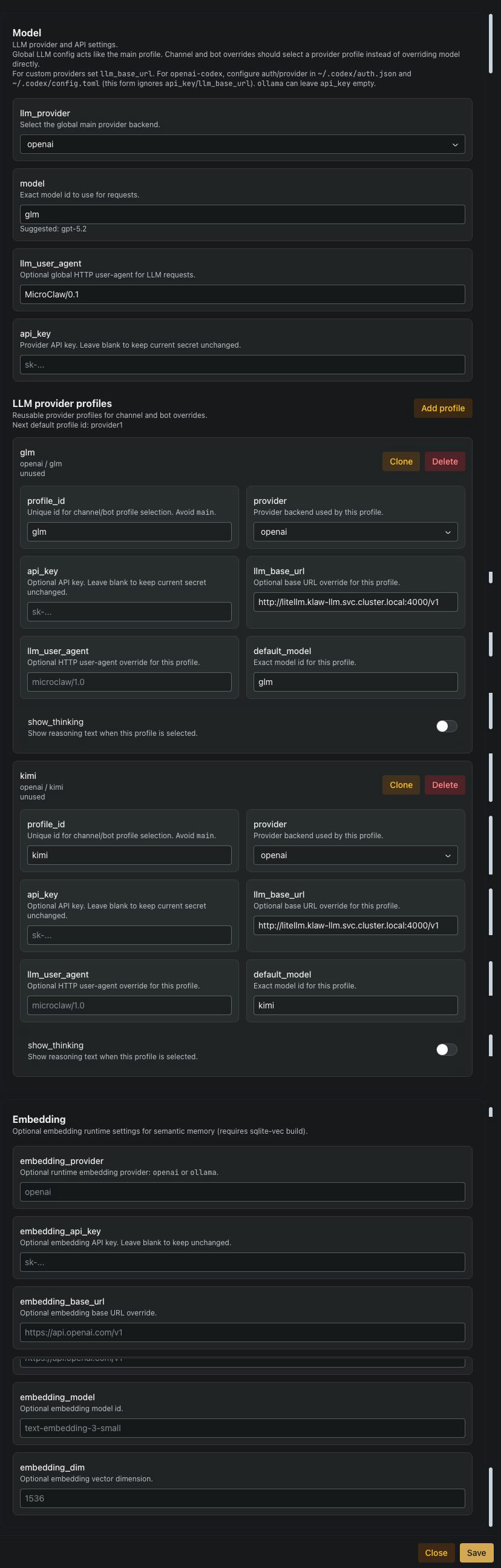 Runtime → Model tab — top section sets the global main profile (llm_provider, model, llm_user_agent, api_key). Middle section lists LLM provider profiles (e.g. glm, kimi) each with profile_id, provider, api_key, llm_base_url, llm_user_agent, default_model, and a show_thinking toggle; every profile points at http://litellm.klaw-llm.svc.cluster.local:4000/v1. Bottom Embedding section configures embedding_provider, api_key, base_url, model, and dim for semantic memory.