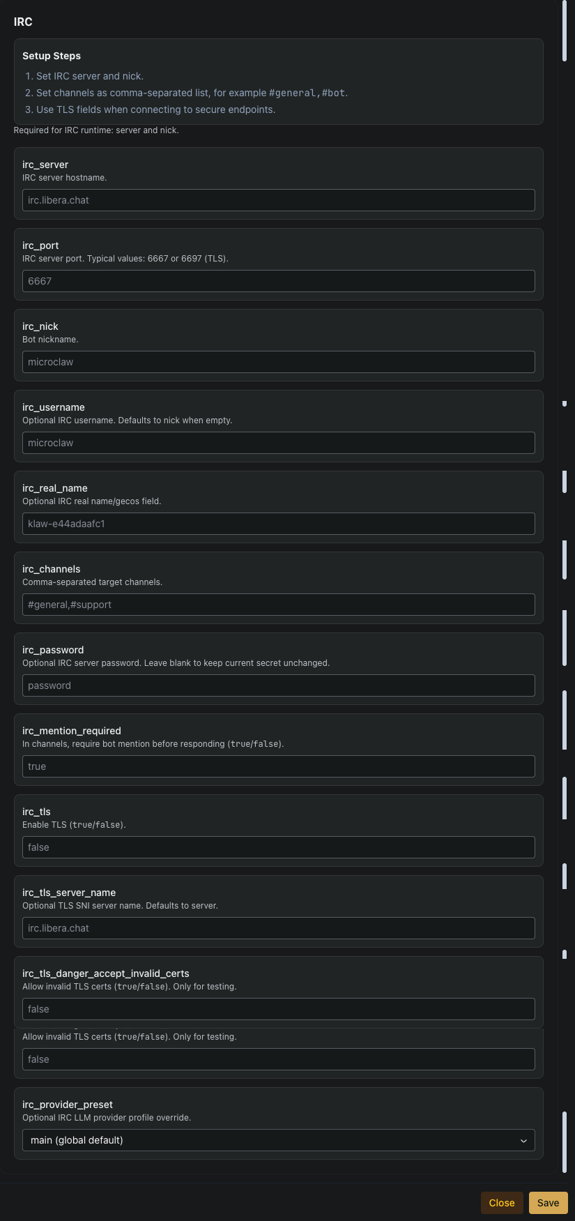 IRC channel settings