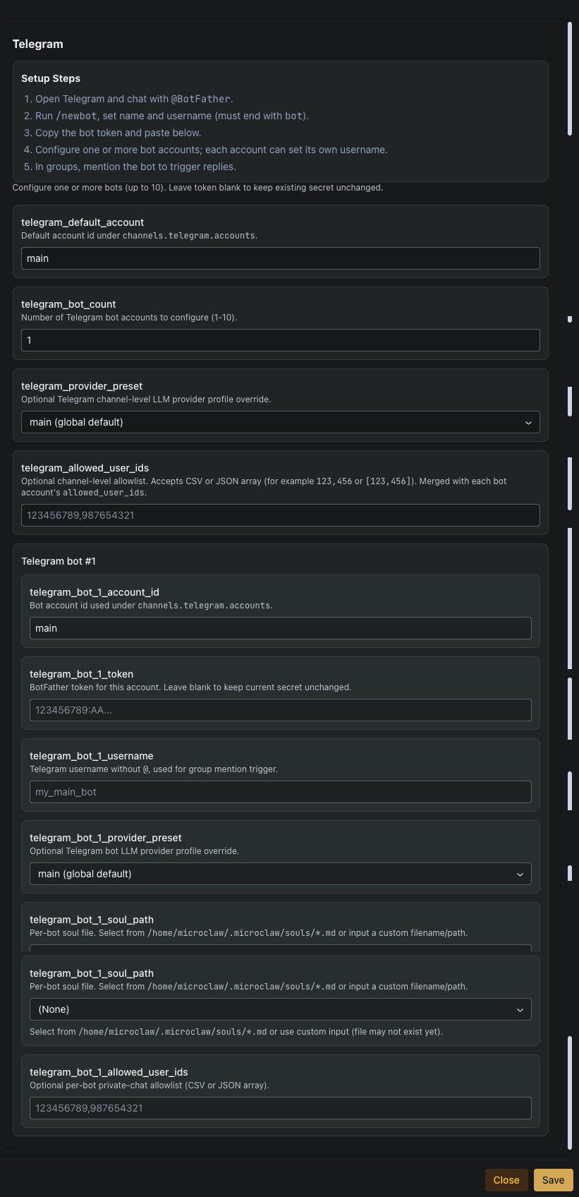 Telegram channel settings
